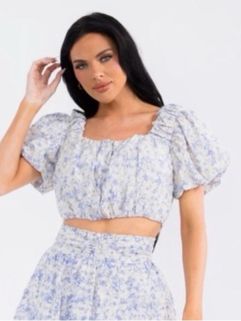 Just Me Light Blue and Cream Smocked Floral Crop Top, L NWOT